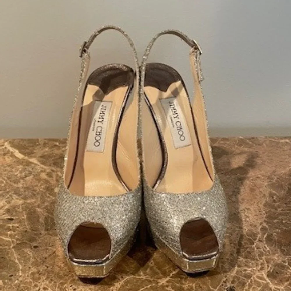 Jimmy Choo CLUE Champagne Platform PeepToe Slingback Heels – Sz 7.5